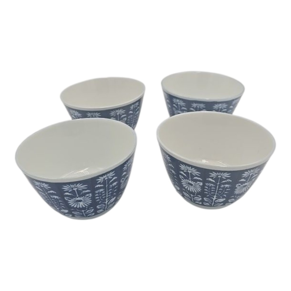 Chinese Asian Blue & White Rice Soup Bowl Flower Porcelain Signed Asian Set Of 4